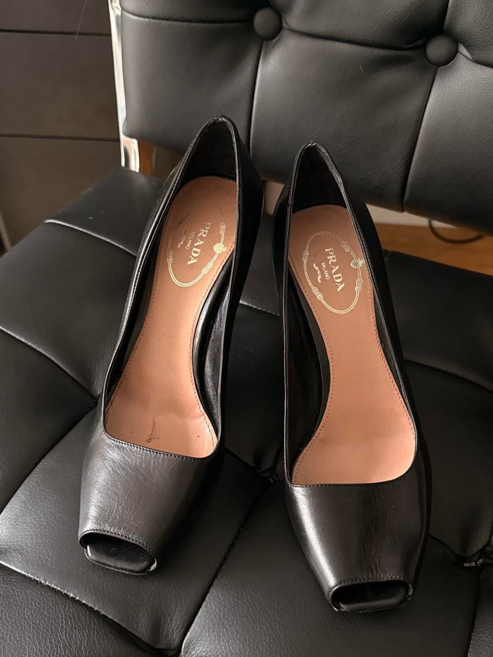 Practically brand new Prada Black Leather Peep-Toe Stiletto Pump Heels size US 7